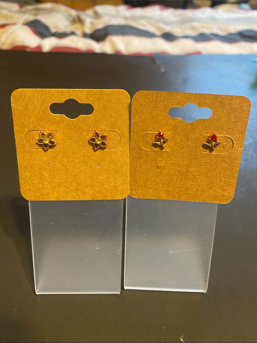 Gold-Tone Floral Stud Earrings - Red and Green Gem Accents
